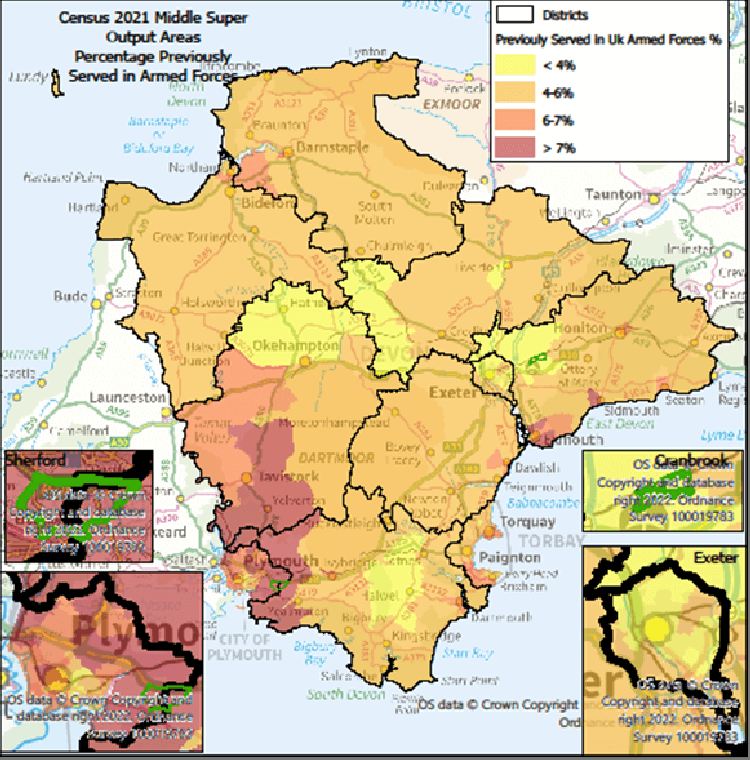 Map of the One Devon area at Middle Super Output area - Exeter, Cranbrook and Sherford are highlighted. The data shows the percentage of Usual Residents who have previously served in the Armed Forces. There are notes below on the highlights.