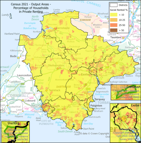 Map showing percentage of households living in Privately Renting Housing.  Map is of Devon at Output Area level with Exeter, Cranbrook & Sherford highlighted- there are some notes below the map.