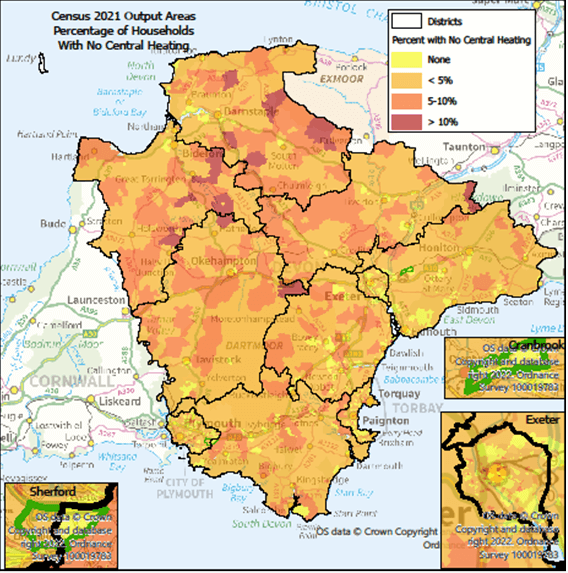 Map showing percentage of households with No Central Heating.  Map is of Devon at Output Area level with Exeter, Cranbrook & Sherford highlighted- there are some notes below the map.