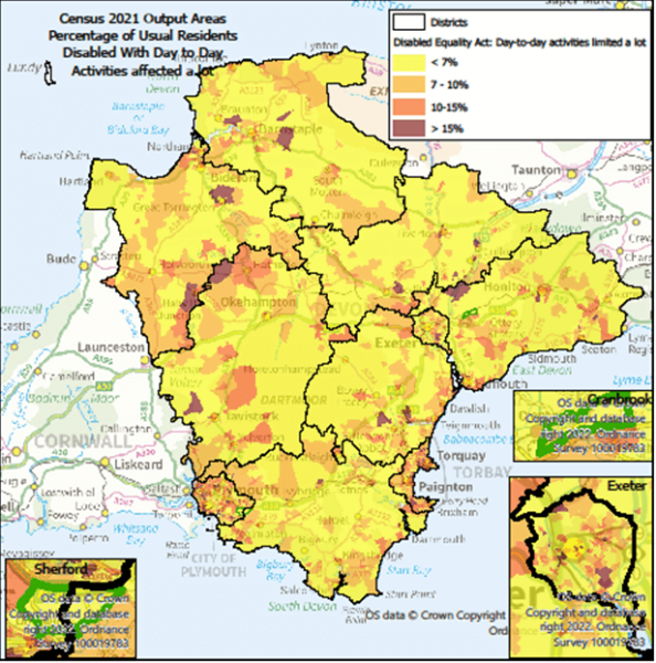 Map showing percentage of Usual Residents Disabled With Day to Day Activities affected a lot.  Map is of Devon at Output Area level with Exeter, Cranbrook & Sherford highlighted- there are some notes below the map.