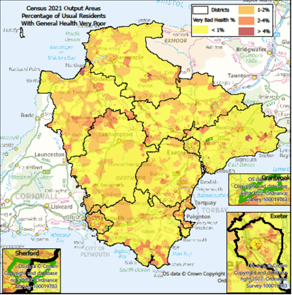 Map showing percentage of Usual Residents who regard their general health as very poor.  Map is of Devon at Output Area level with Exeter, Cranbrook & Sherford highlighted- there are some notes below the map.