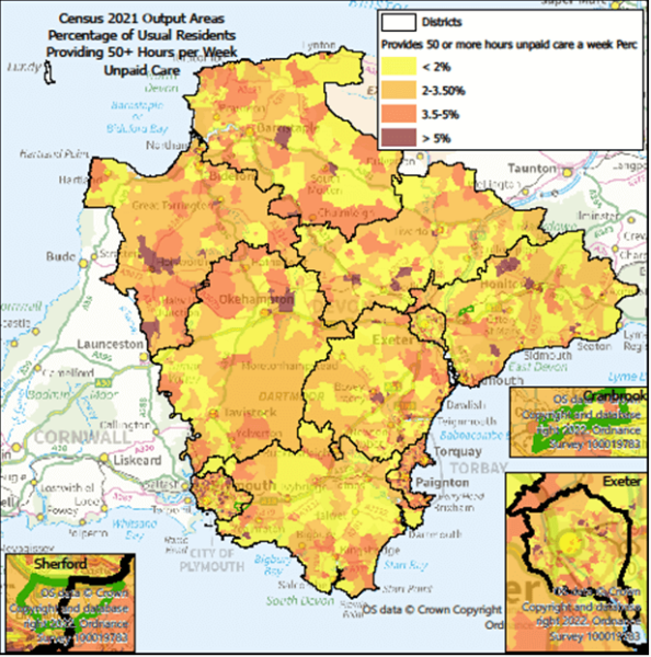 Map showing percentage of Usual Residents who provide 50+ hours per week of Unpaid Care.  Map is of Devon at Output Area level with Exeter, Cranbrook & Sherford highlighted- there are some notes below the map.