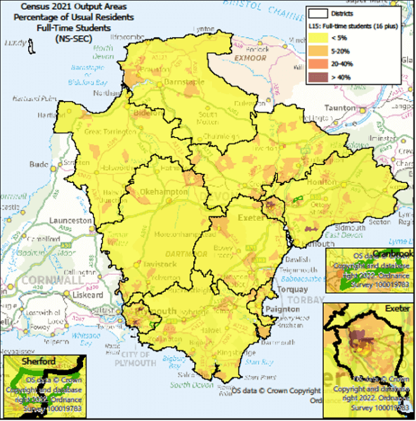 Percentage of Usual Residents That are Full-time Students.  Map is of Devon at Output Area level with Exeter, Cranbrook & Sherford highlighted- there are some notes below the map.