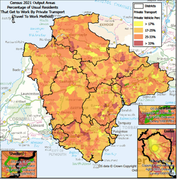Percentage of Usual Residents Travelling To Work - by Private Transport.  Map is of Devon at Output Area level with Exeter, Cranbrook & Sherford highlighted- there are some notes below the map.
