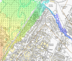 Map showing Axminster 1 in 100-year flood model