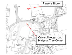 Map showing the culvert and Parsons Brook