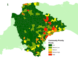 Example output from Devon County Council's GIS flood risk analysis tool