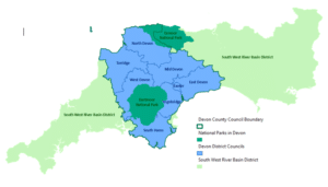 Map of the South West. Districts of Devon are outlined, Devon County Council boundary highlighted. Dartmoor and Exmoor National Parks highlighted. South West River Basin shown.