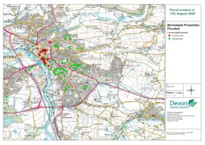 A map showing location of flooded properties in Barnstaple