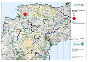 Devon wide map showing locations that were flooded in August 2020