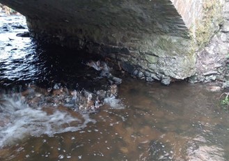 A photo showing a bridge which needs repairs and a stream