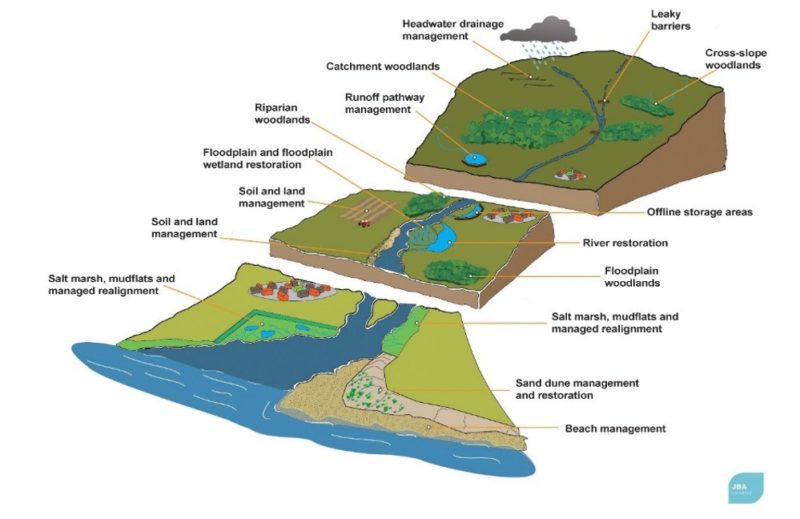 Diagram of river catchment showing opportunities for natural flood management