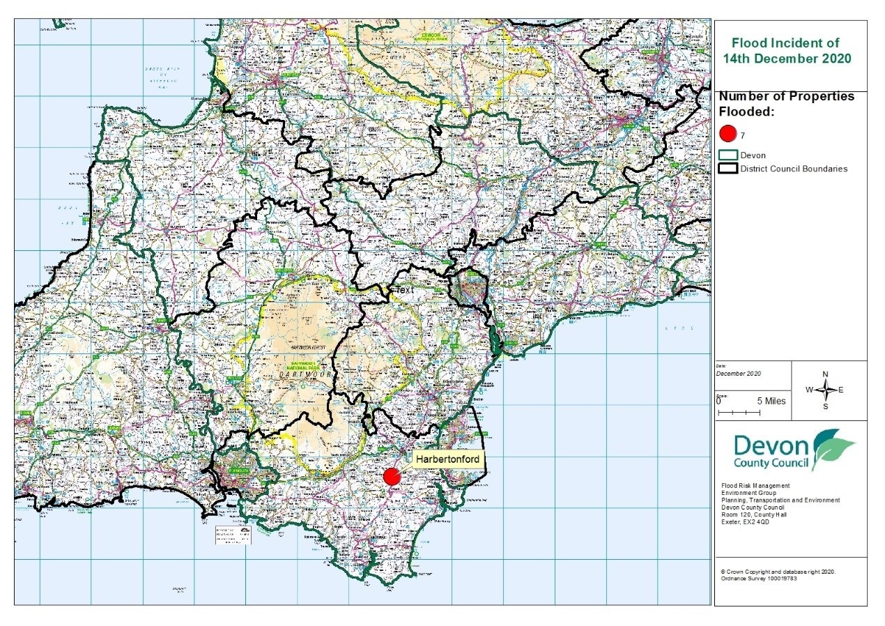 A map of Devon with a red dot over Harbertonford to show the location of the flooding