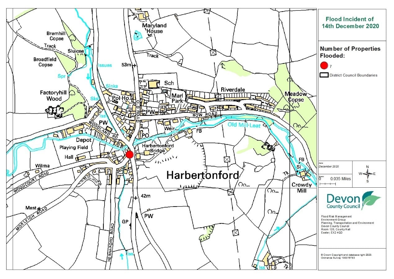 A map of Harbertonford showing the approximate location of the properties which flooded