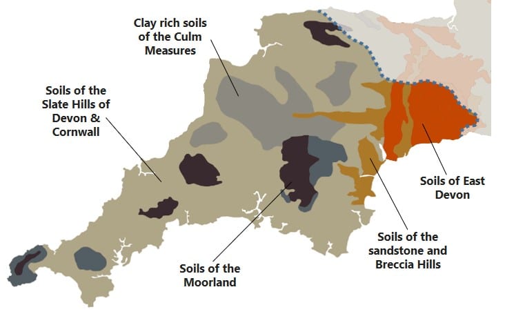 A map of Devon and Cornwall showing the areas of different sol types.