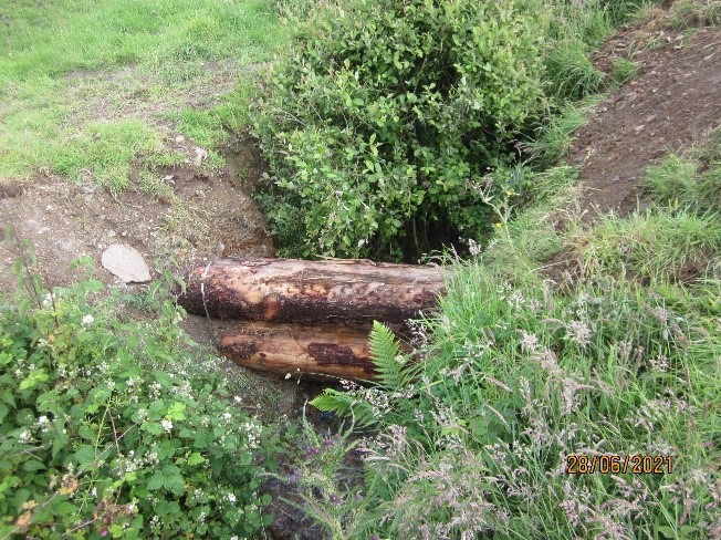 A colour photograph of a wooden leaky dam in a watercourse