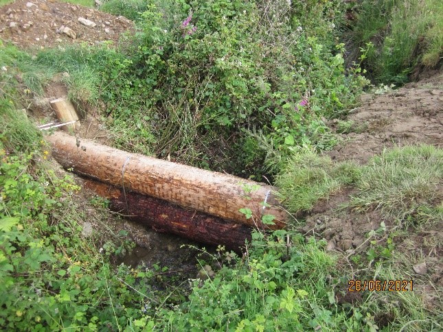 A colour photograph of a wooden leaky dam in a watercourse channel