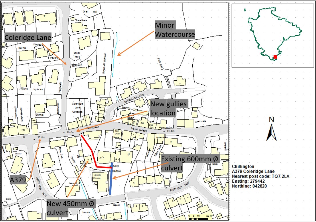 A street map of Chillington with labels indicating the position of Coleridge Lane, a Minor Watercourse, the new gully locations, existing culverts and new culverts.
