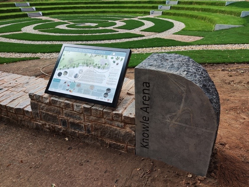 A colour photograph of an information board at the Sidmouth Knowle Flood Alleviation Scheme
