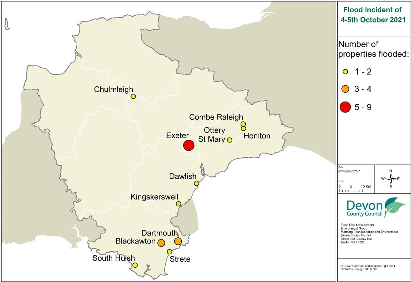 Map showing the locations of communities flooded during the October 2021 Floods