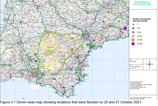 A colour map of Devon showing the locations that were flooded on 20th and 21st October 2021