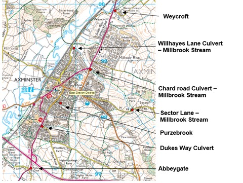 A map marking the areas where watercourses are known to have overtopped and caused internal flooding in Axminster on 20/21st October 2021. 