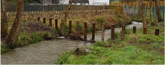 An image showing tree catcher upstream on the Millbrook of Willhayes Lane culvert which enabled it to continue to convey flows for much of the October flood event. Picture taken circa 2017/18.