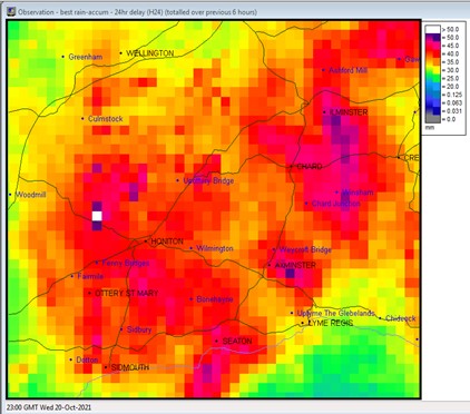 A heatmap showing the extent of rainfall over East Devon, Dorset and Somerset at 11pm on 20th October 2021 