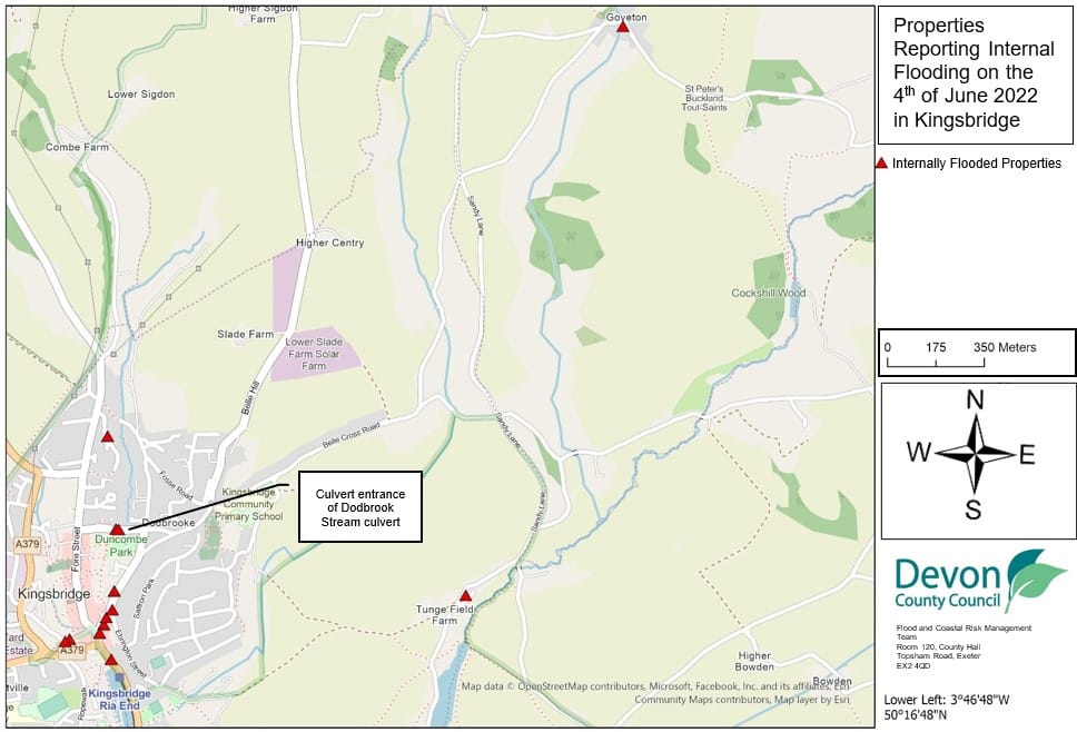 A map of Kingsbridge showing the locations of properties which flooded on the 4th June 2022