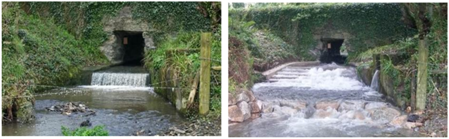 Before and after the installation of a retrofit fish pass solution at a perched culvert outfall. The before image shows a perched culvert outfall which provides a barrier to fish passage. The after image shows the implemented fish pass solution.