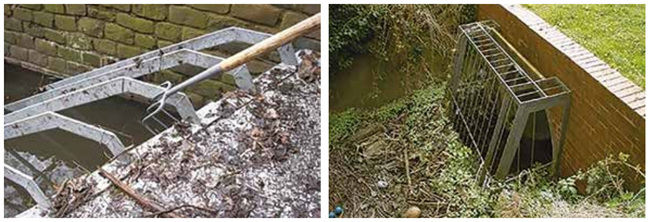Photographs of debris screens with horizonal bars at the top.