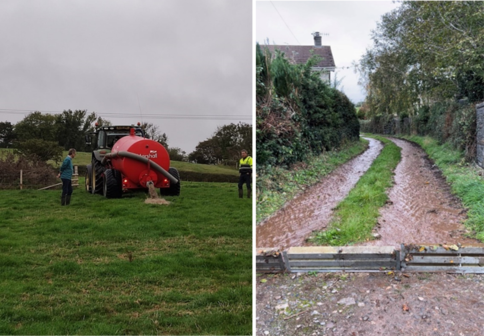Two photographs, one with a tractor and a water bowser in a field and the other of water running down a track.