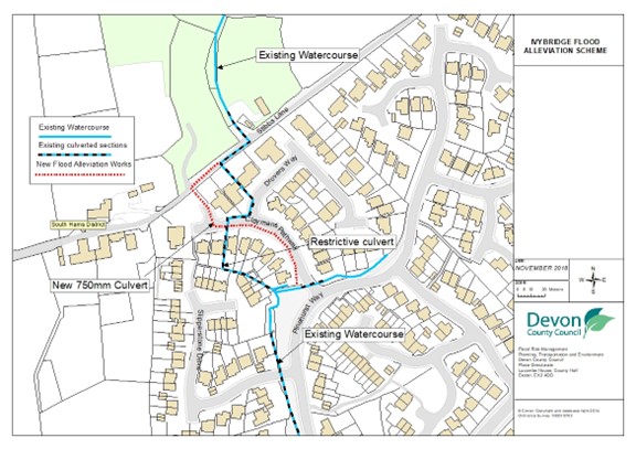 A map of the area surrounding Claymans Pathway in Ivybridge with the watercourse and flood alleviation scheme marked on.