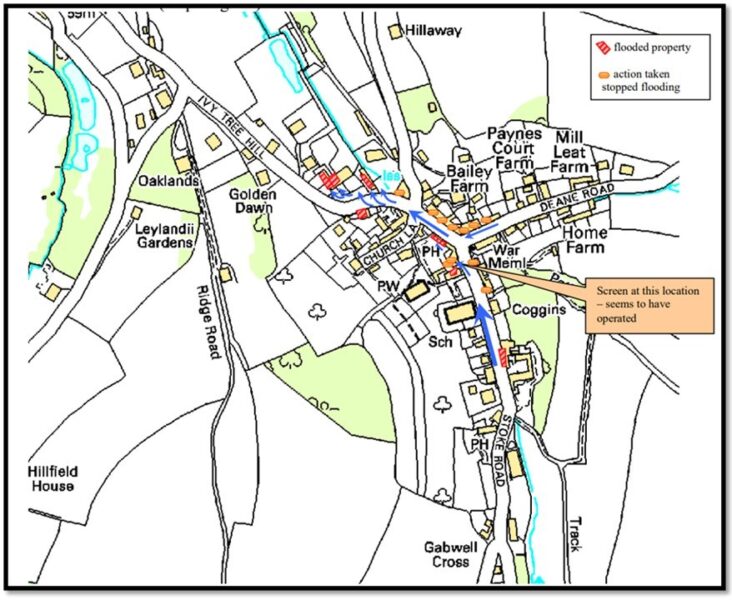 Map showing the impact of the 2012 flooding event. 5 buildings marked as flooded, 10 buildings marked as action taken stopped flooding