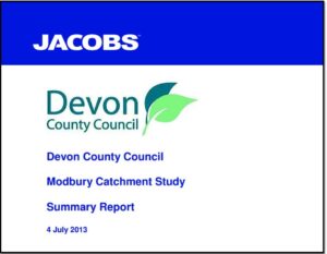 Front page of the catchment study, reads "Devon County Council, Modbury Catchment Study, Summary Report, 4 July 2013"