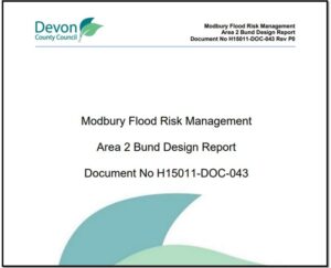 Front page of the design report, reads "Modbury Flood Risk Management, Area 2 Bund Design Report, Document H15011-DOC-043" 