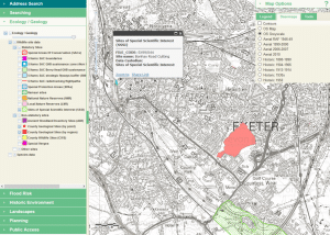 Image shows a screenshot of the Environment viewer which holds information on sites that are important for their geology. Image shows a key down the left side and a map in the centre.