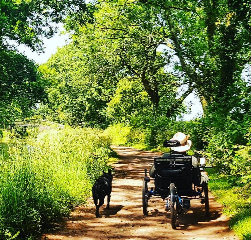 Man cycling with dog on towpath - surface showing compacted limestone
