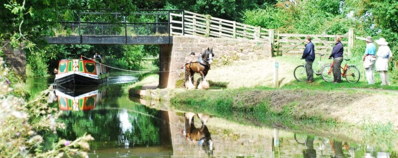 Cyclists wait for the horse pulling the passenger barge to pass