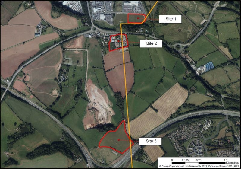 A map with 3 locations highlighted on it illustrating the 3 proposed locations for the new substation.