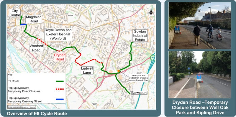 map and photographs of the E9 cycle route in Exeter