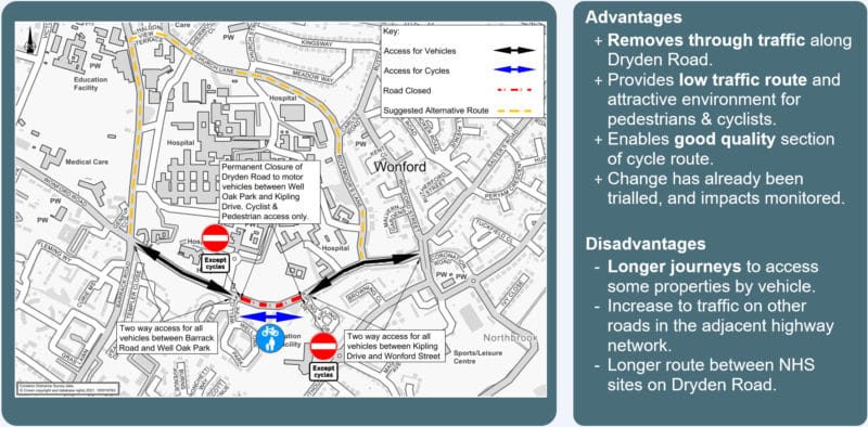 map showing the full closure of Dryden Lane to traffic