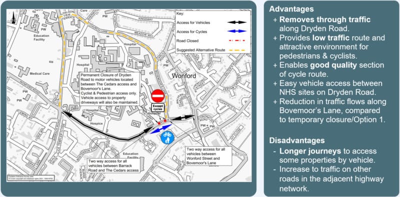 map showing the closure of Dryden Road to vehicles between The Cedars and Bovemoor’s Lane junction