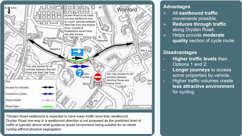 map showing Dryden Road to be made one-way in an eastbound direction for vehicles between Well Oak Park and Kipling Drive