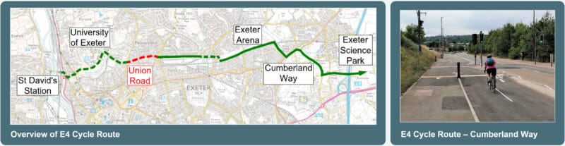 Map of the EX4 cycle route and a cyclist using a stretch of it 