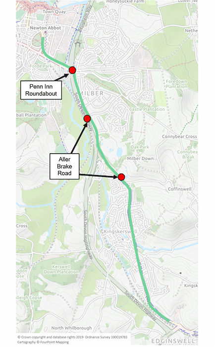 A map indicating the Kingskerswell and Torbay route