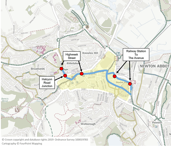 A map of Newton Abbot town centre