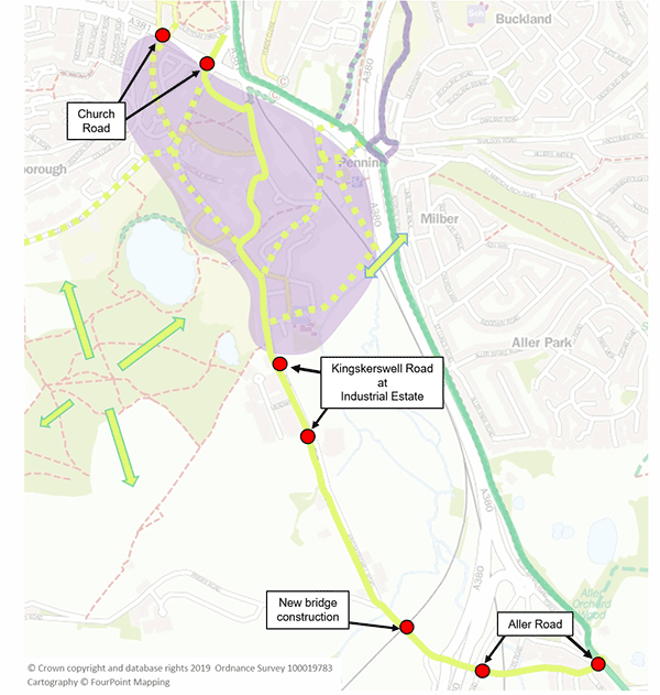 A mao indicating routes in the Wolborough area of Newton Abbot