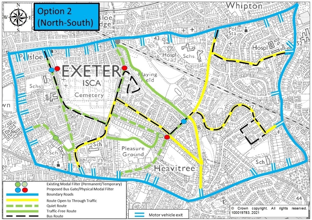 2. Map of Option 2, showing modal filters on Ladysmith Road, St Marks Avenue, Hamlin Lane and Whipton Lane (2 filters)