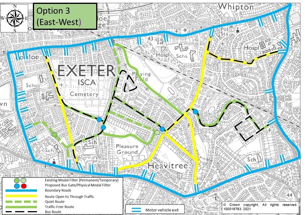 3. Map of Option 3, showing modal filters on Hanover Road, Hamlin Lane, Sweetbrier Lane and Thornpark Rise